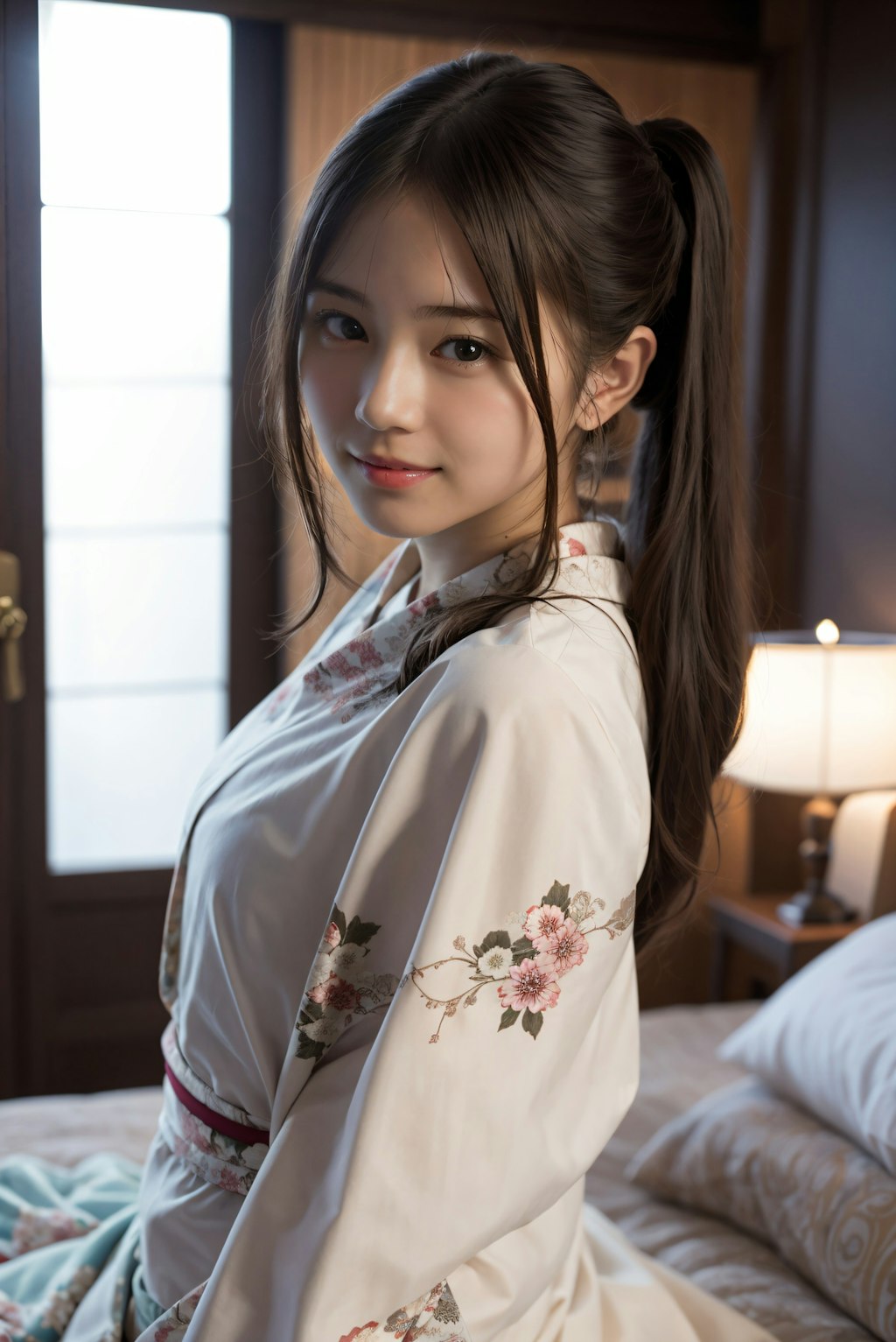 ポニーテールの着物の女の子