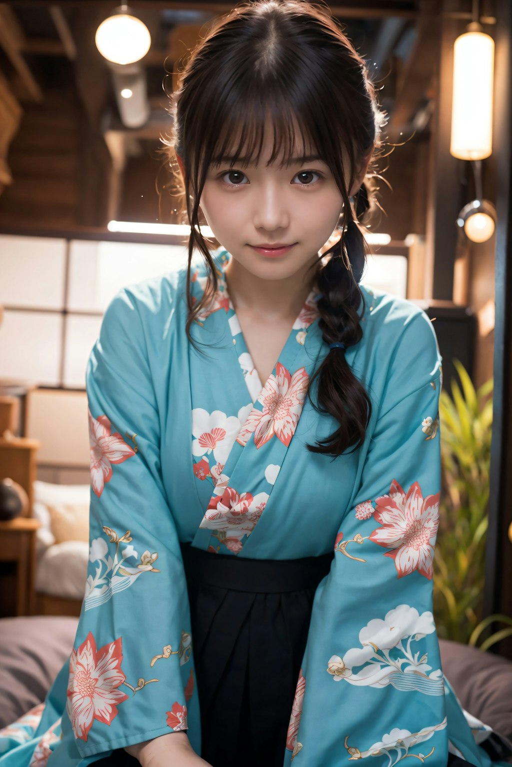 ポニーテールの着物の女の子