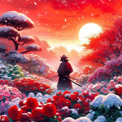 雪降る庭園と赤い朝焼け