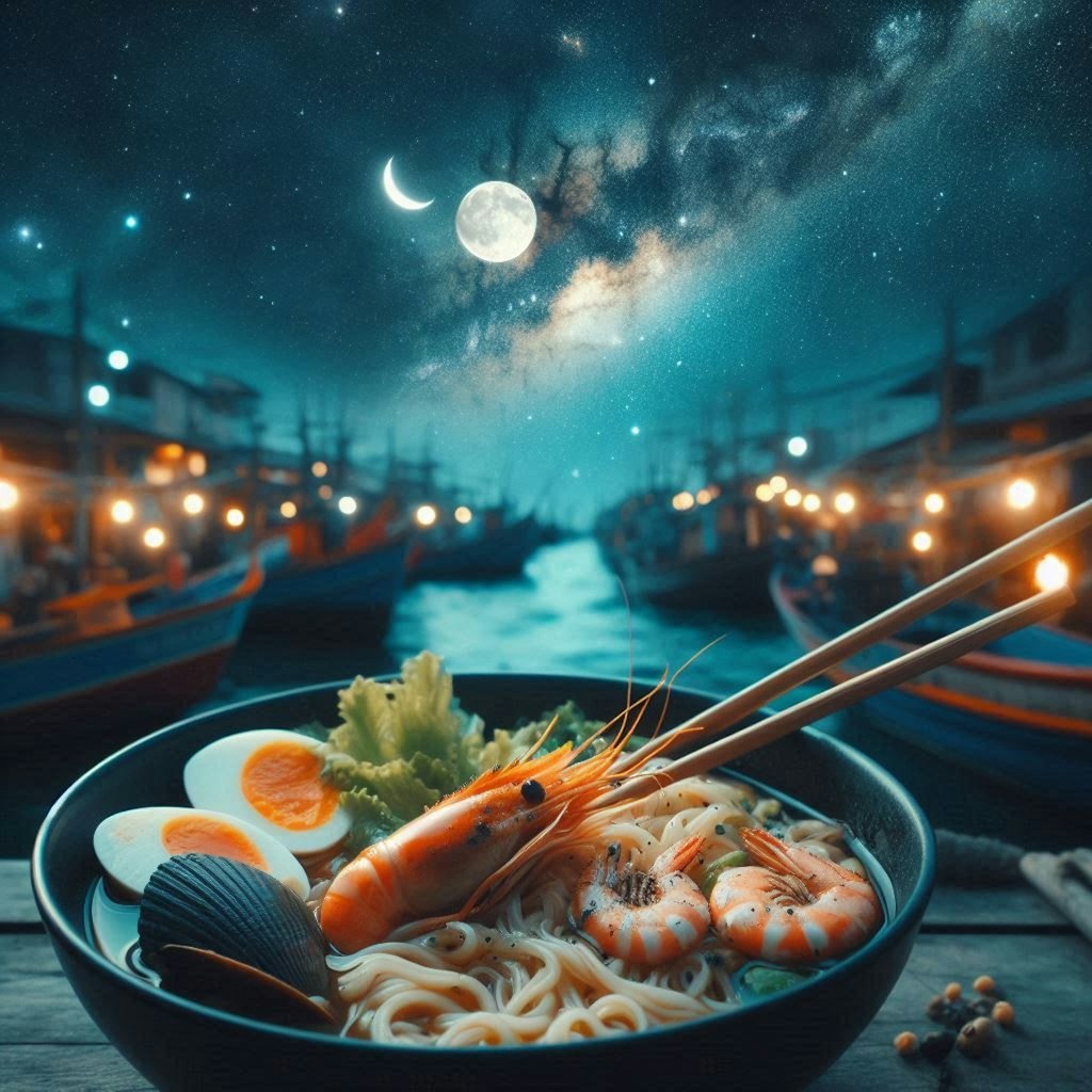 夜のseafood noodle