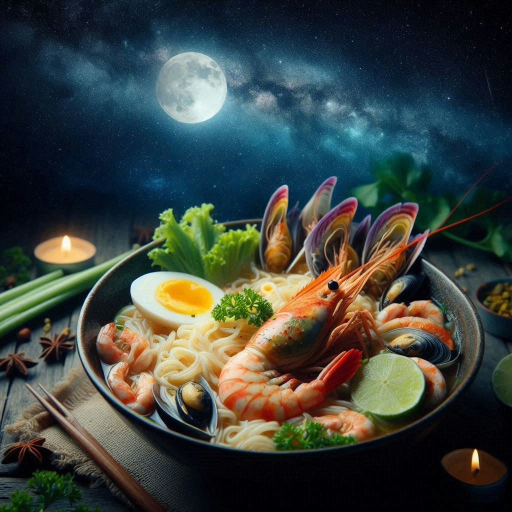 夜のseafood noodle