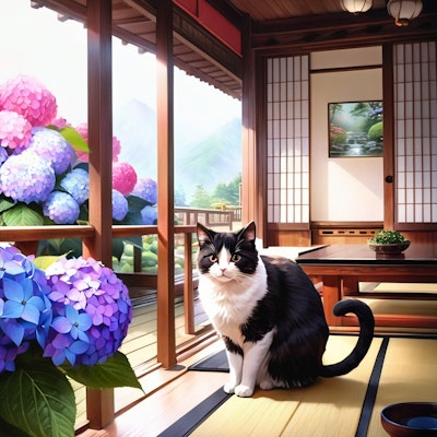 梅雨時の紫陽花とネコと日本家屋 | の人気AIイラスト・グラビア