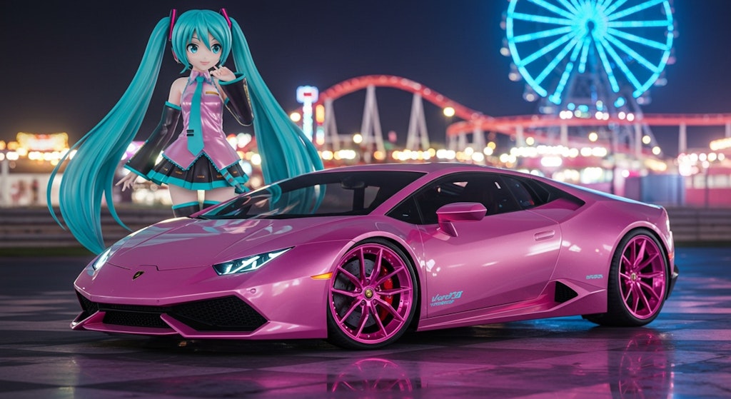 初音ミクとピンクカラーアヴェンタドール
