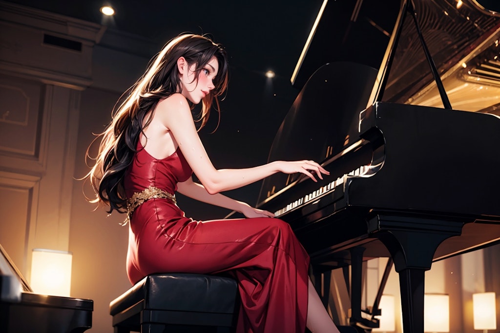 赤いドレスのピアニスト