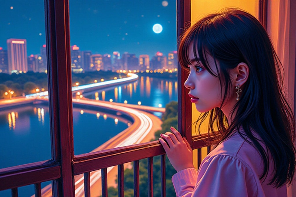 夜景と少女