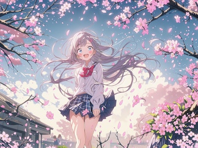 Cherry blossom petals are dancing around the girl like a blessing