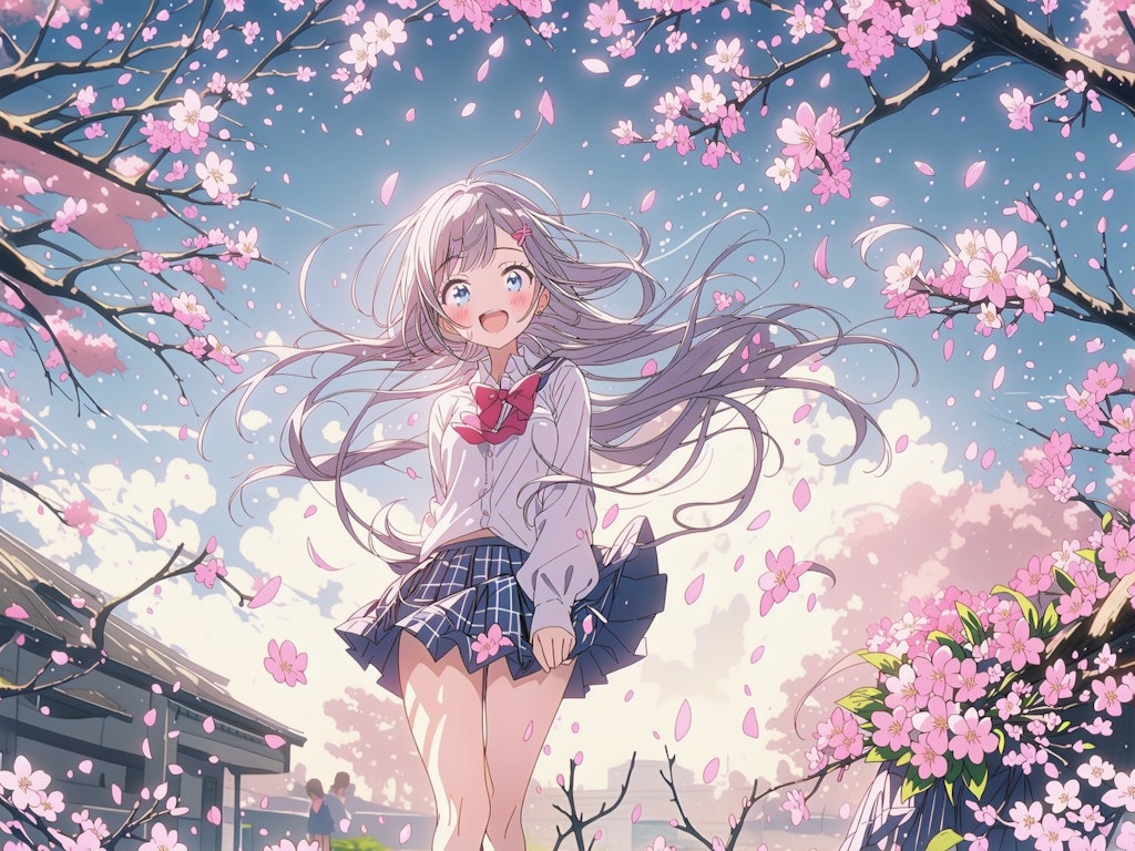 Cherry blossom petals are dancing around the girl like a blessing