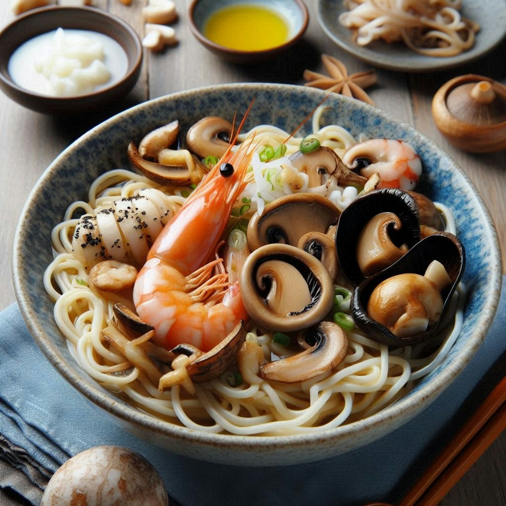 きのこいっぱいのseafood noodle