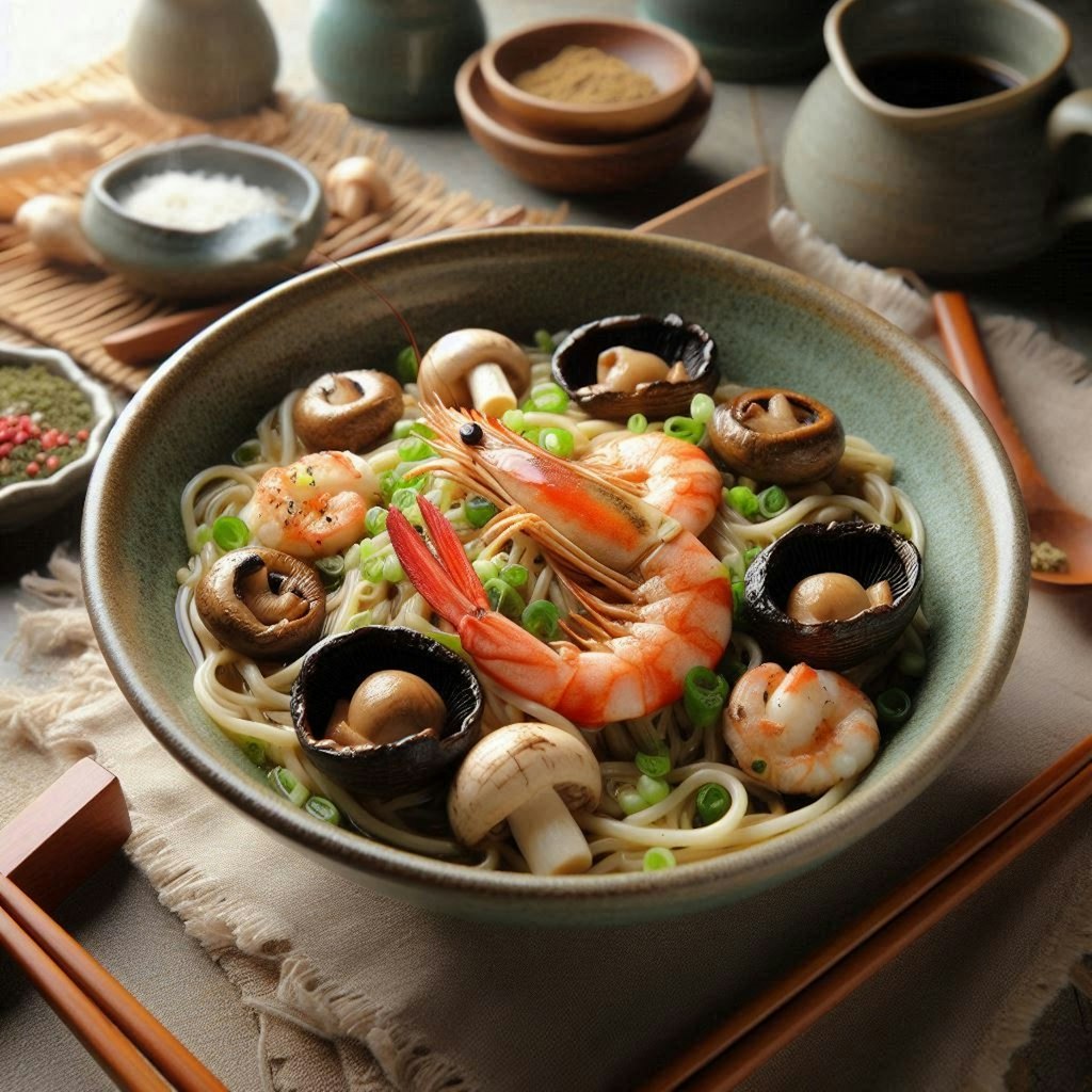 きのこいっぱいのseafood noodle