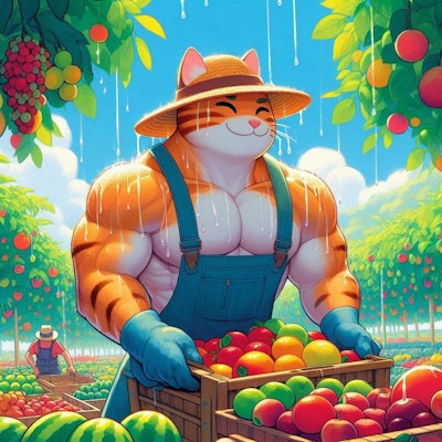 アクリル風 #果物収穫する農家の筋肉猫