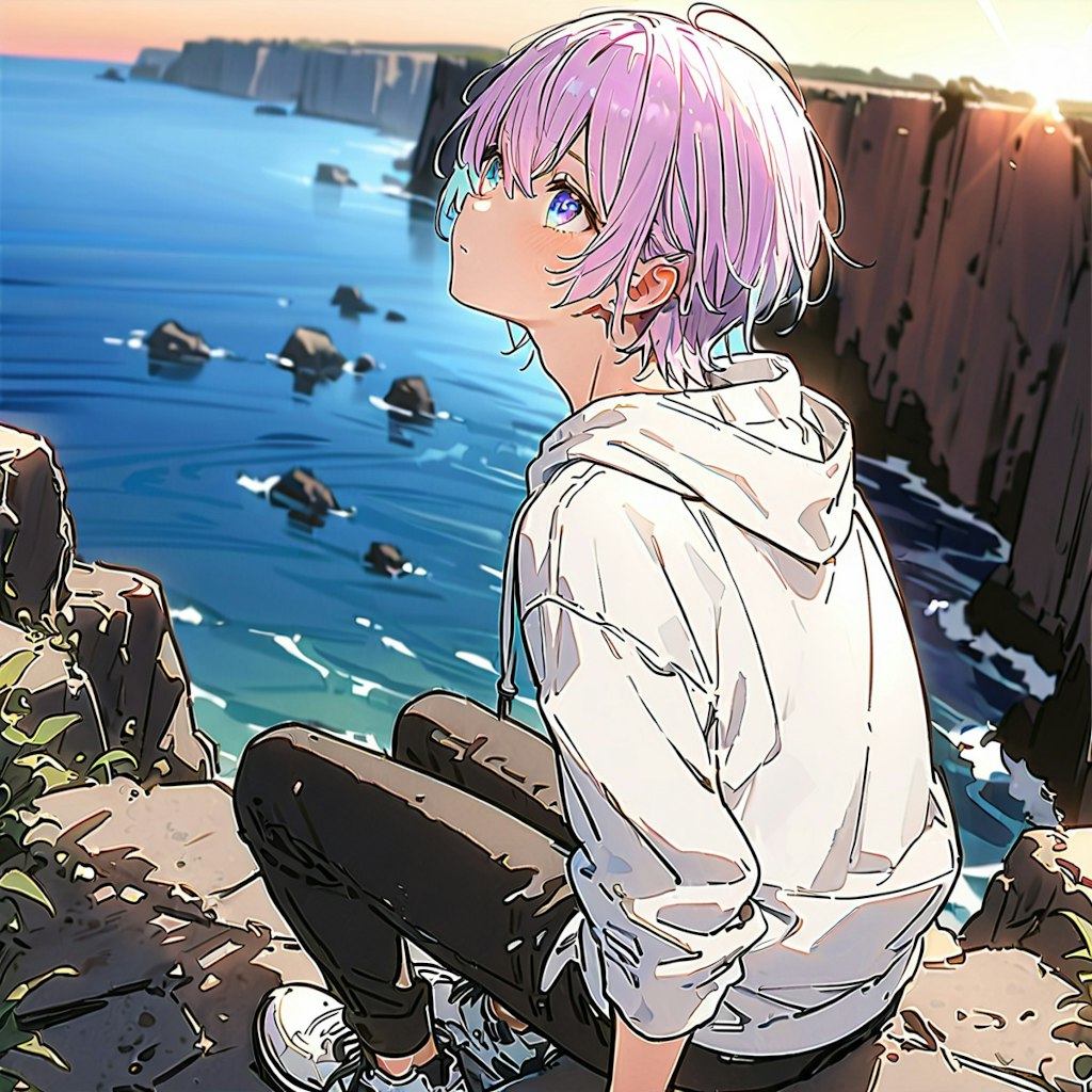 A boy sitting on a seaside cliff and looking at something