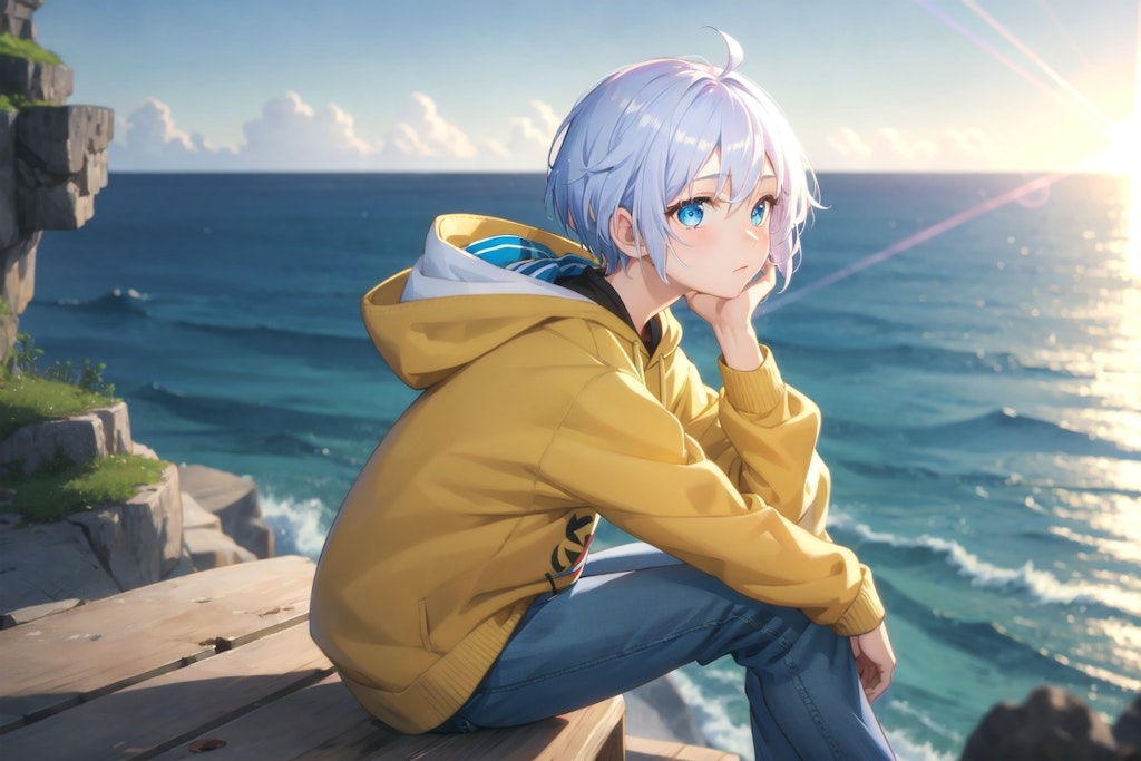 A boy sitting on a seaside cliff and looking at something