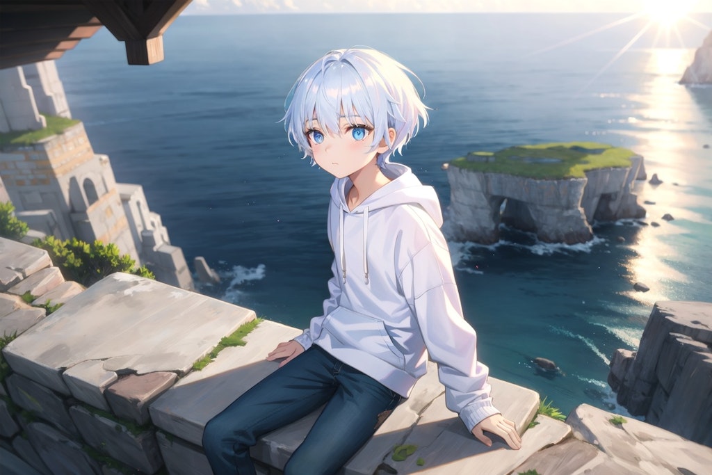 A boy sitting on a seaside cliff and looking at something