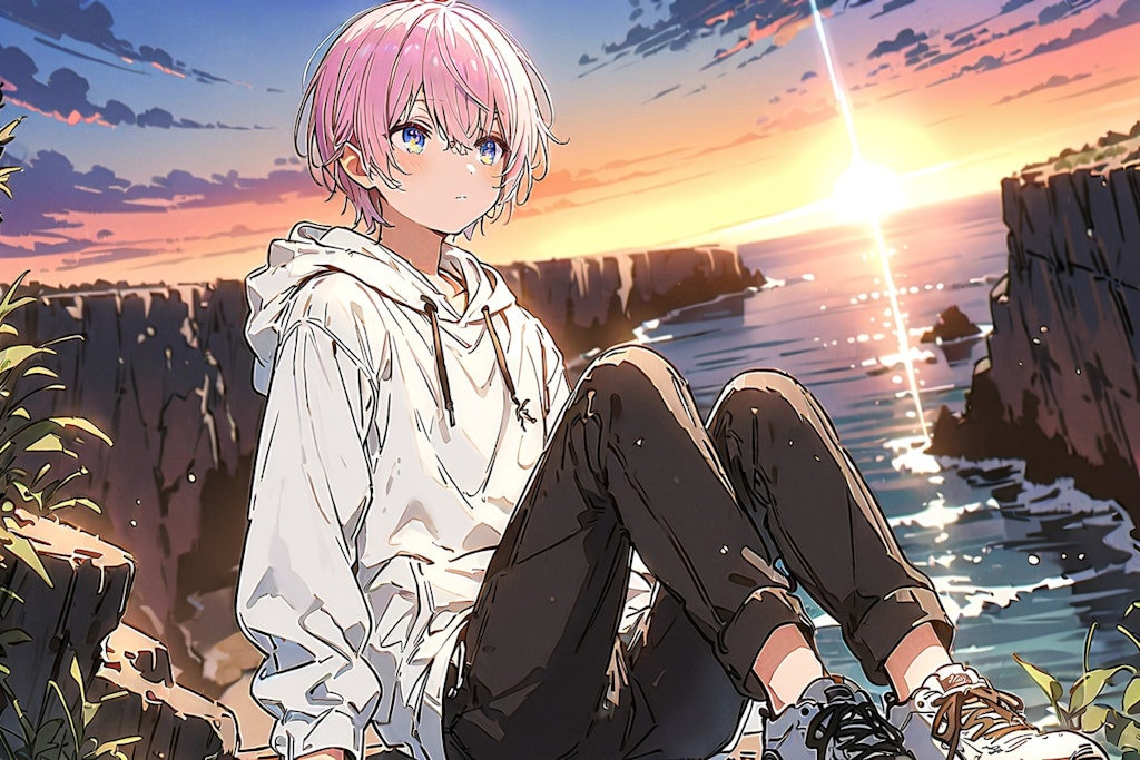 A boy sitting on a seaside cliff and looking at something