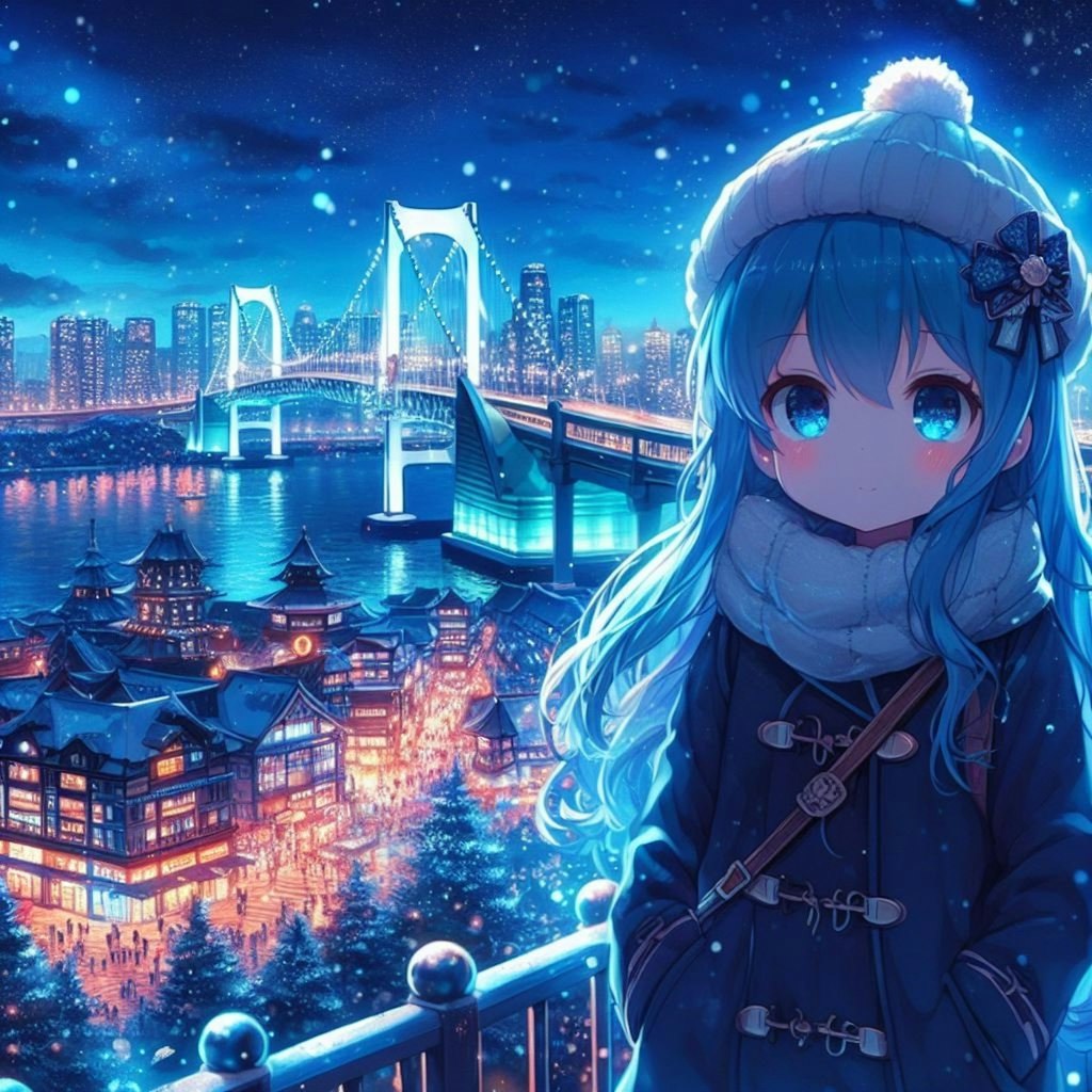 青髪少女と夜景（とペンギン）