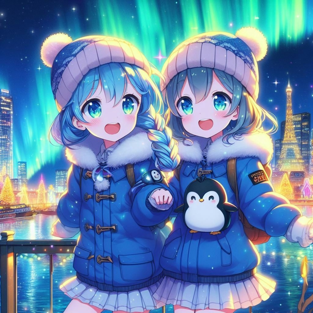 青髪少女と夜景（とペンギン）