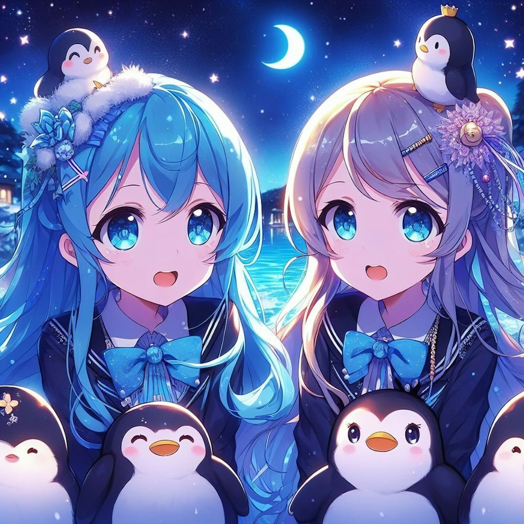 青髪少女と夜景（とペンギン）