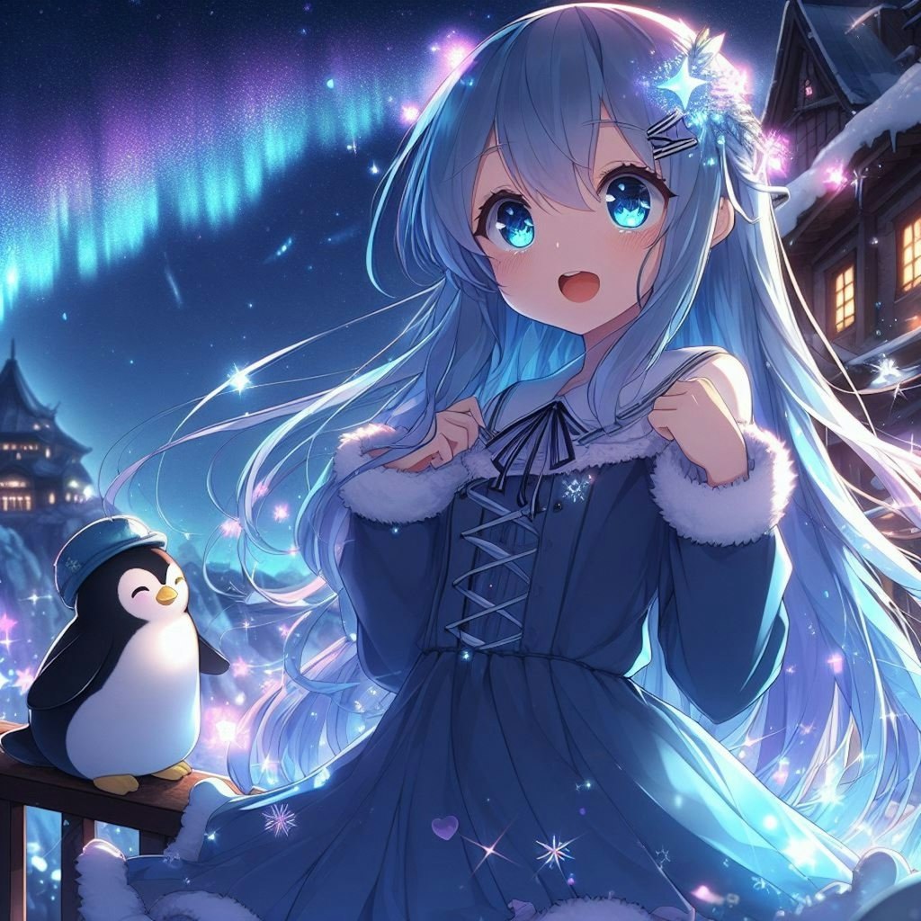 青髪少女と夜景（とペンギン）