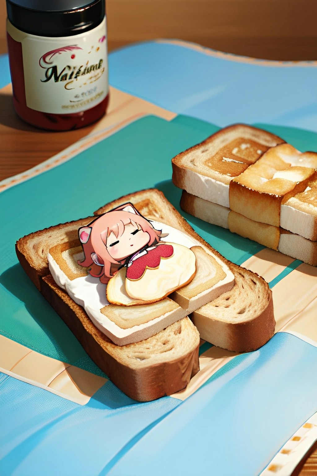 朝食のトーストの上で眠る可愛い少女