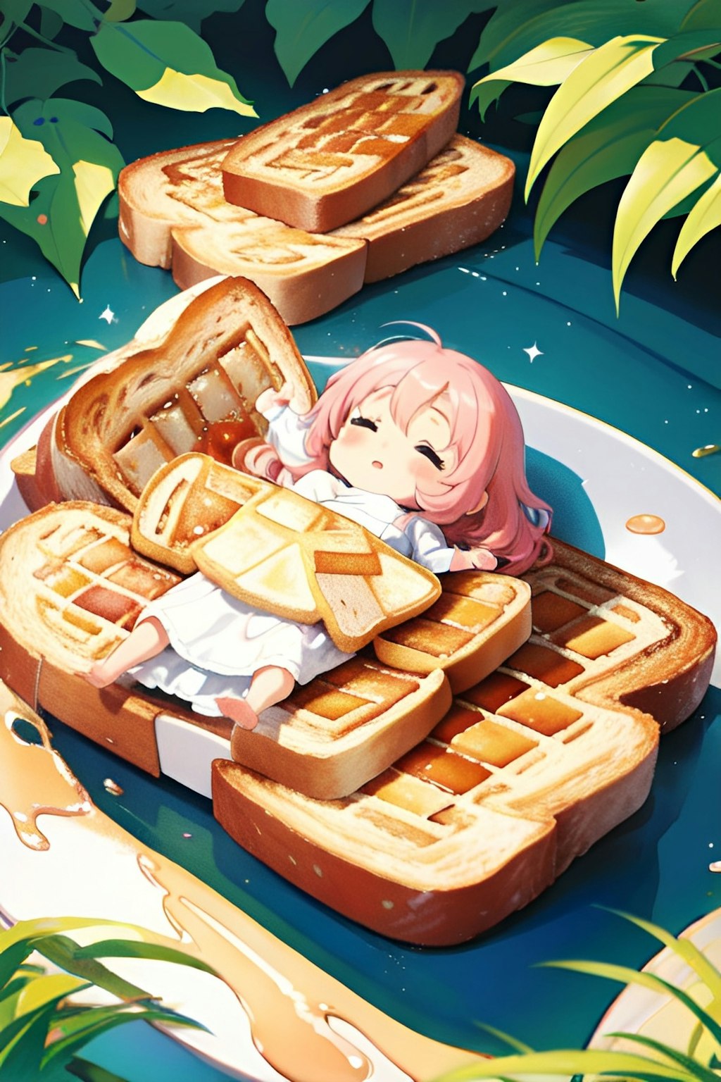 朝食のトーストの上で眠る可愛い少女