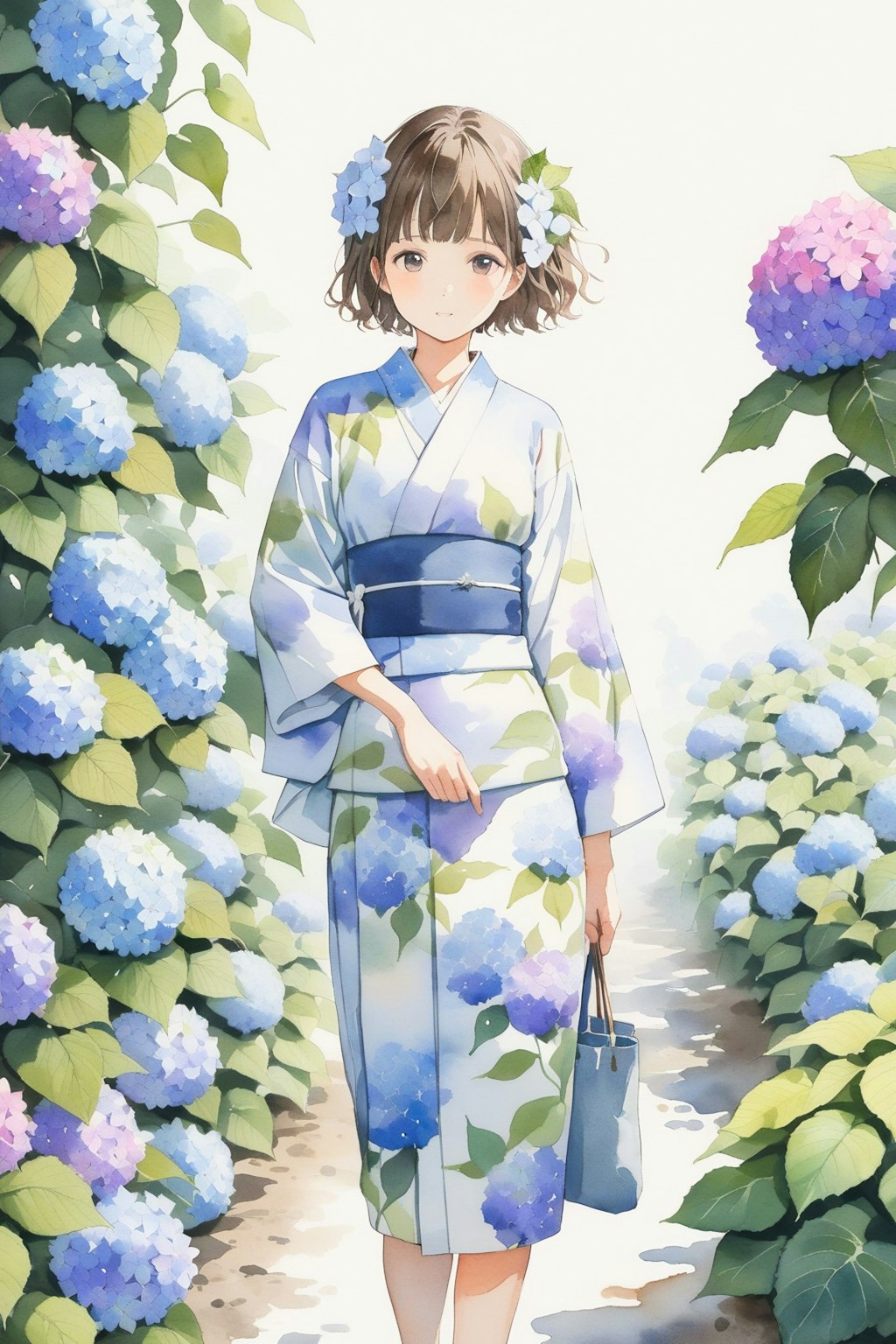 紫陽花と浴衣の少女