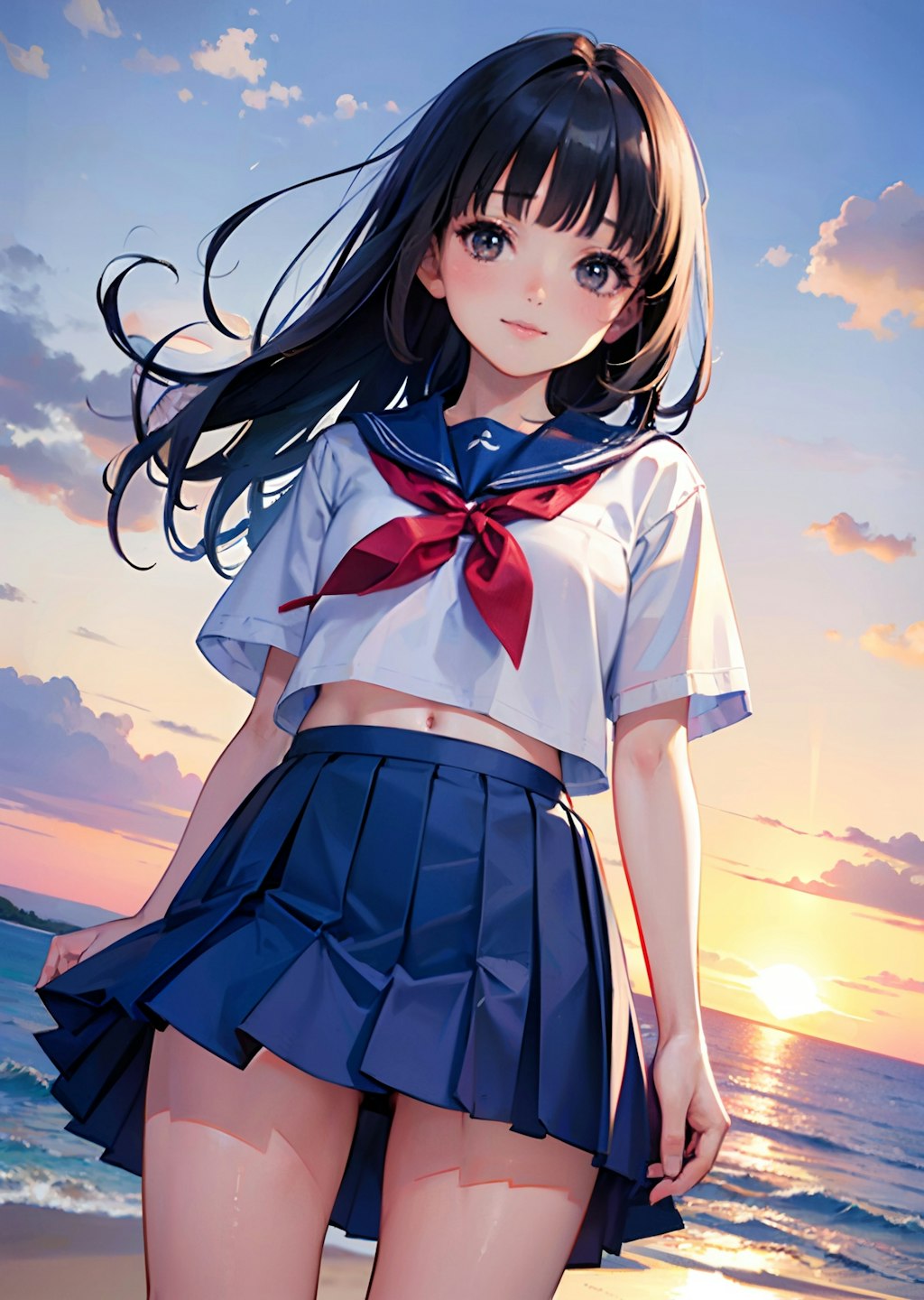 海とセーラー服と夕日