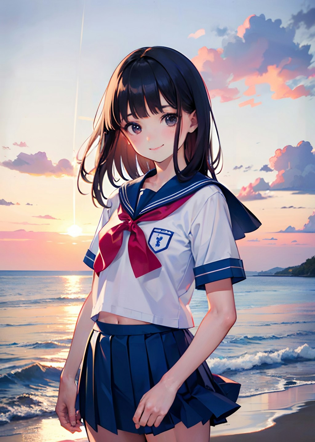 海とセーラー服と夕日