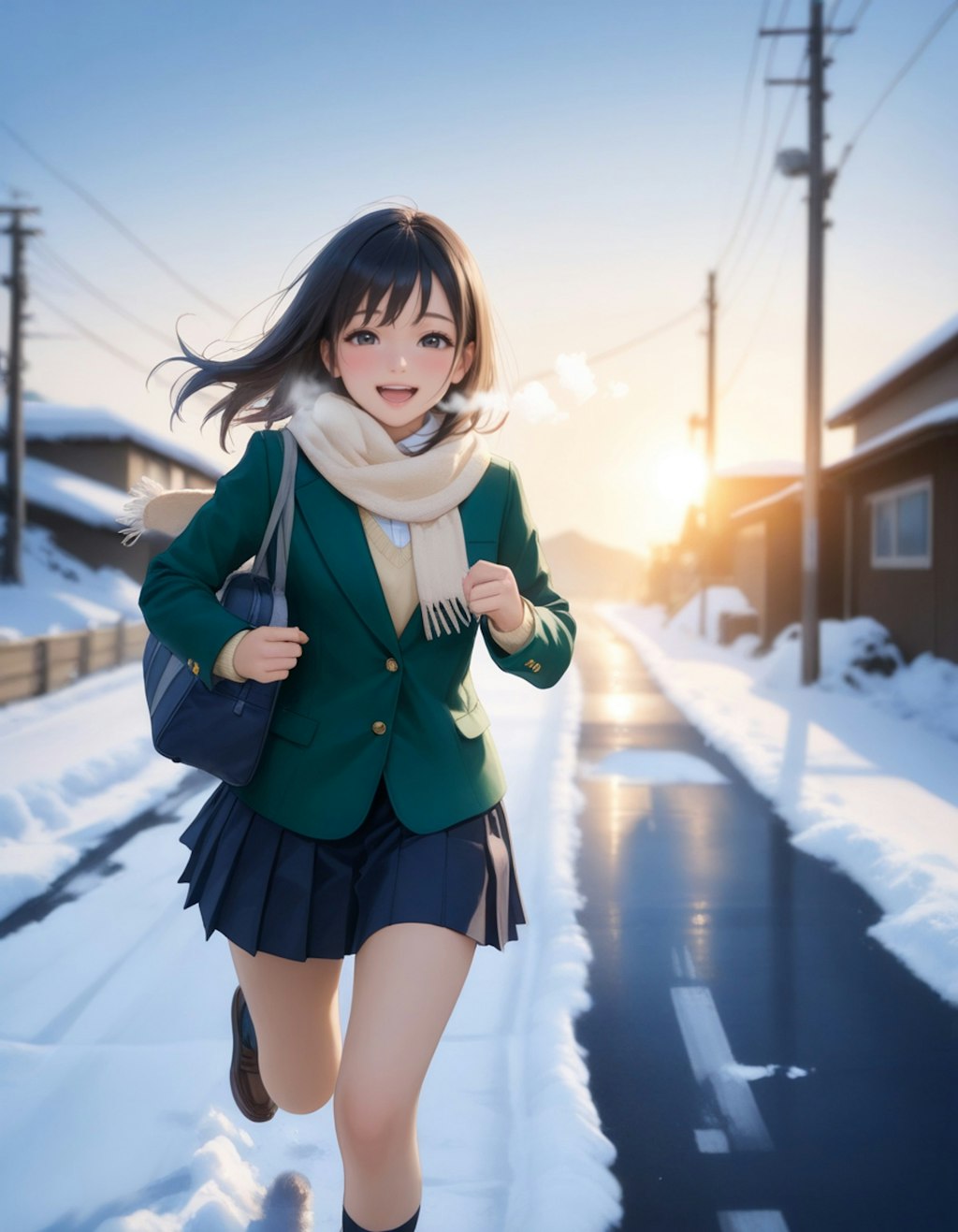 雪の朝に学校へ急ぐ女子高生