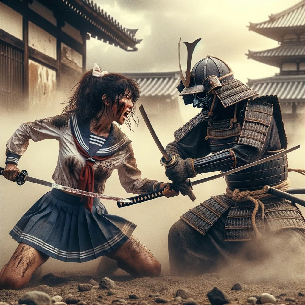 「対決」セーラー服の女子高生 vs. 侍