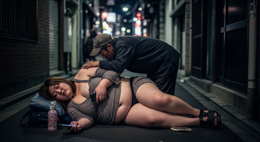 深夜の東京、自分よりはるかに大きな巨体を持つ女性が酔っている。欲情する不審者。