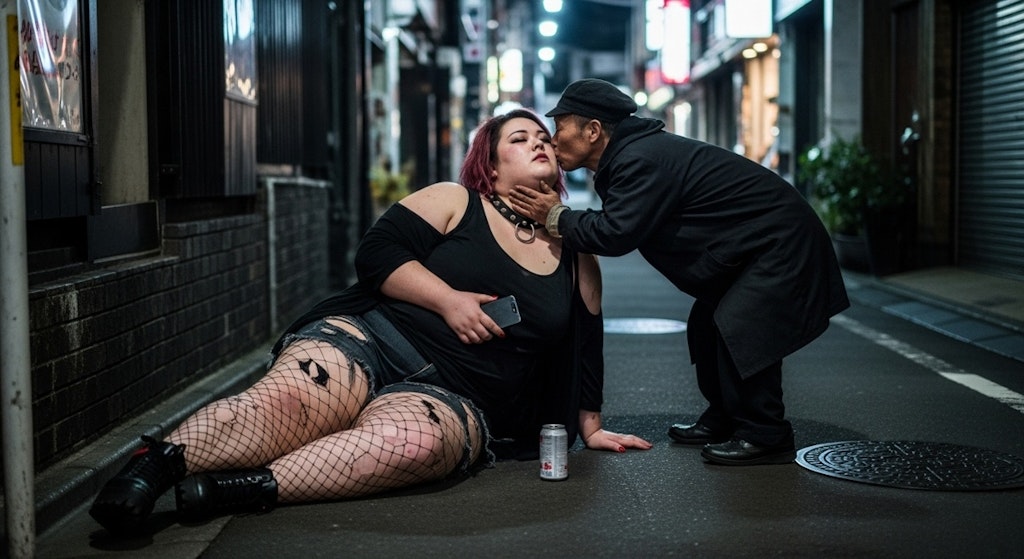 深夜の東京、自分よりはるかに大きな巨体を持つ女性が酔っている。欲情する不審者。