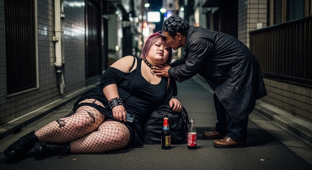 深夜の東京、自分よりはるかに大きな巨体を持つ女性が酔っている。欲情する不審者。