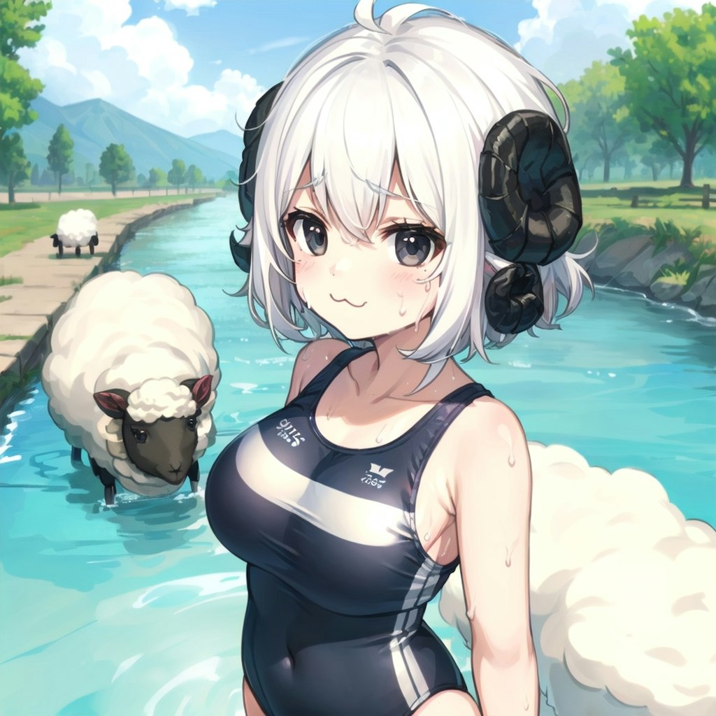 川で水浴び中の羊娘ちゃんｗ