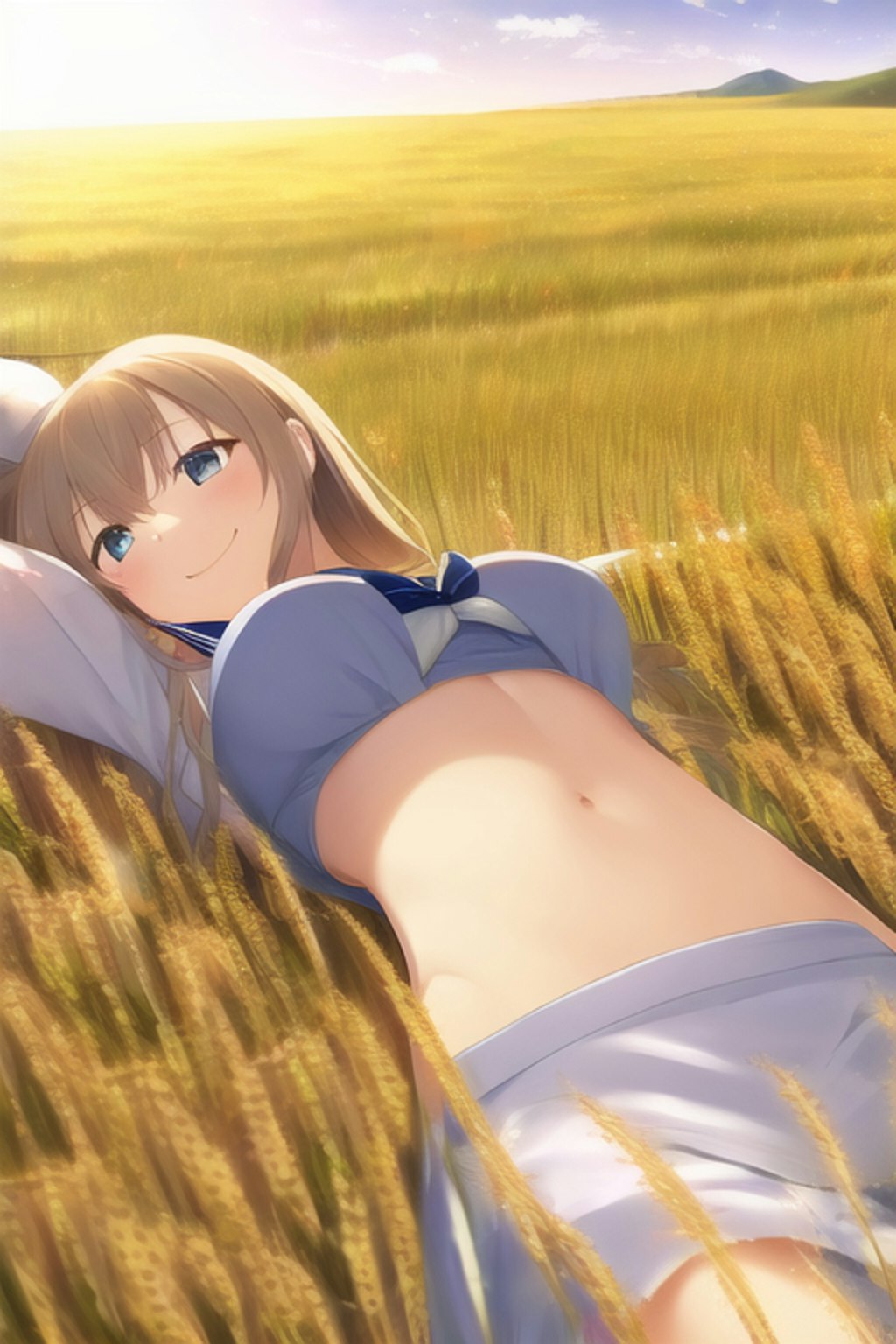 草原を寝っ転がるディアンドルの女の子です。