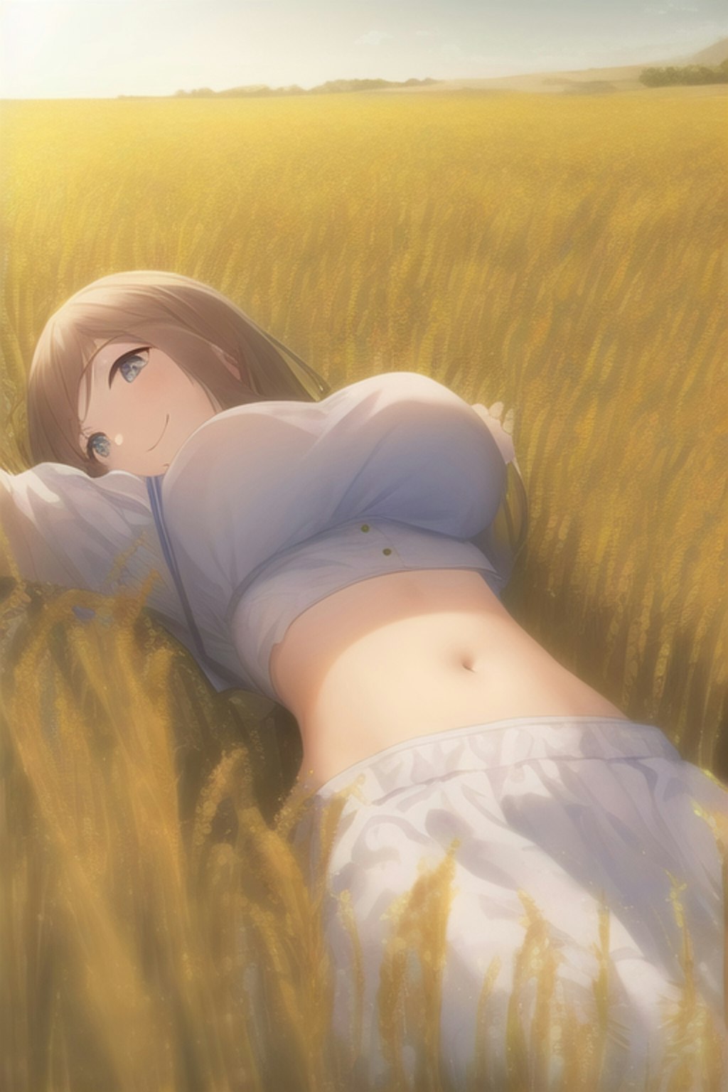 草原を寝っ転がるディアンドルの女の子です。