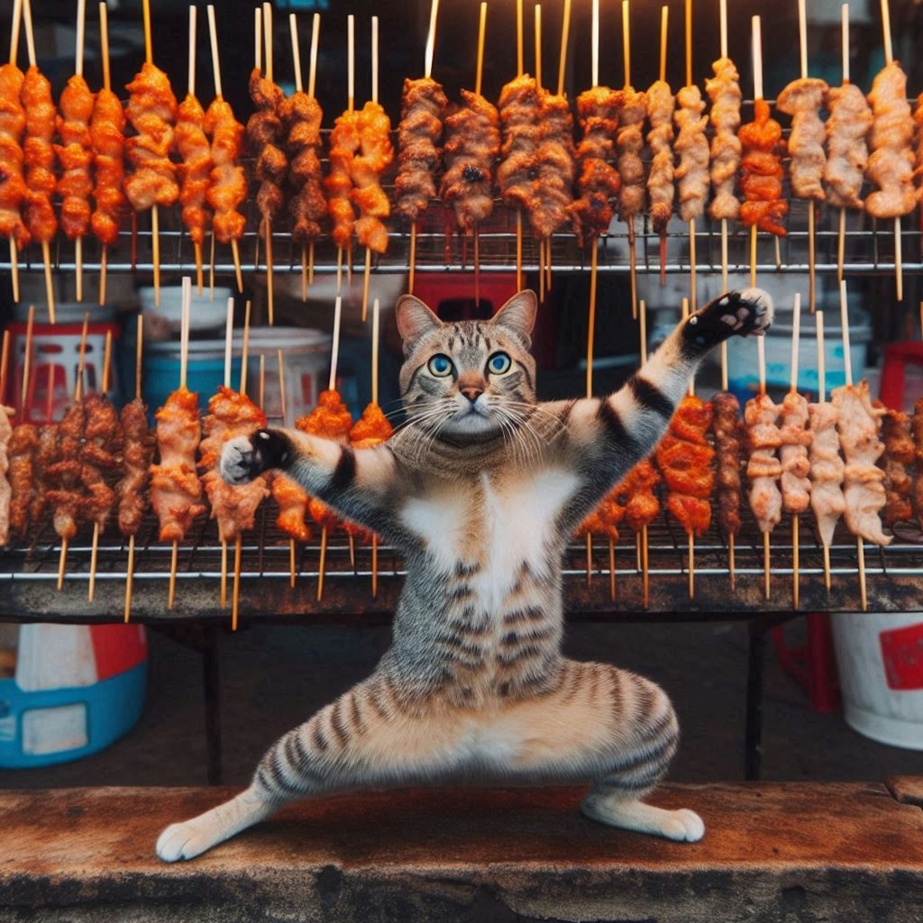 串焼き屋台で働く猫