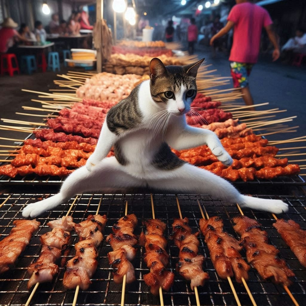 串焼き屋台で働く猫