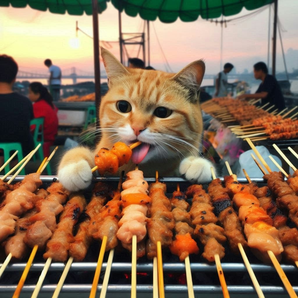 串焼き屋台で働く猫