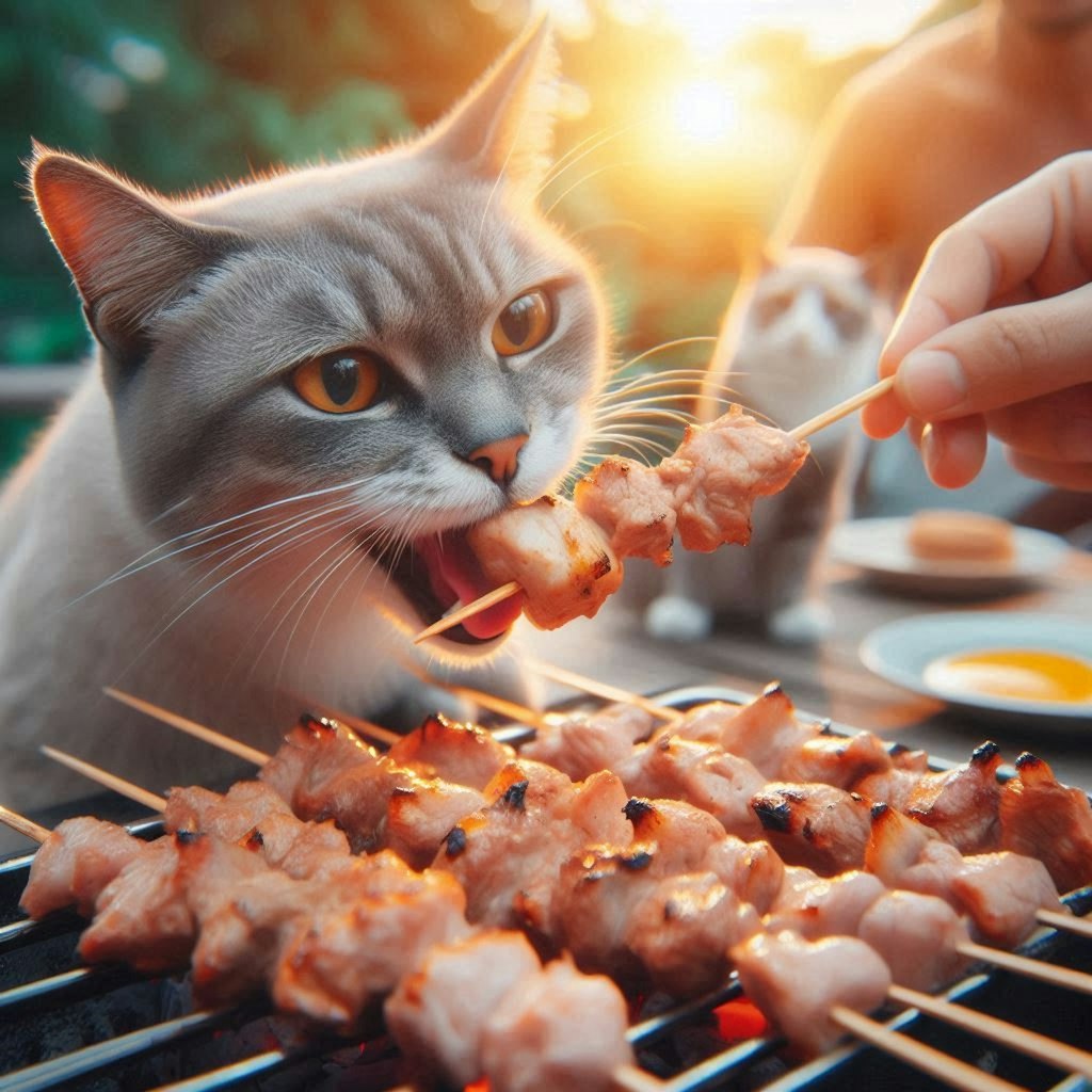 串焼き屋台で働く猫