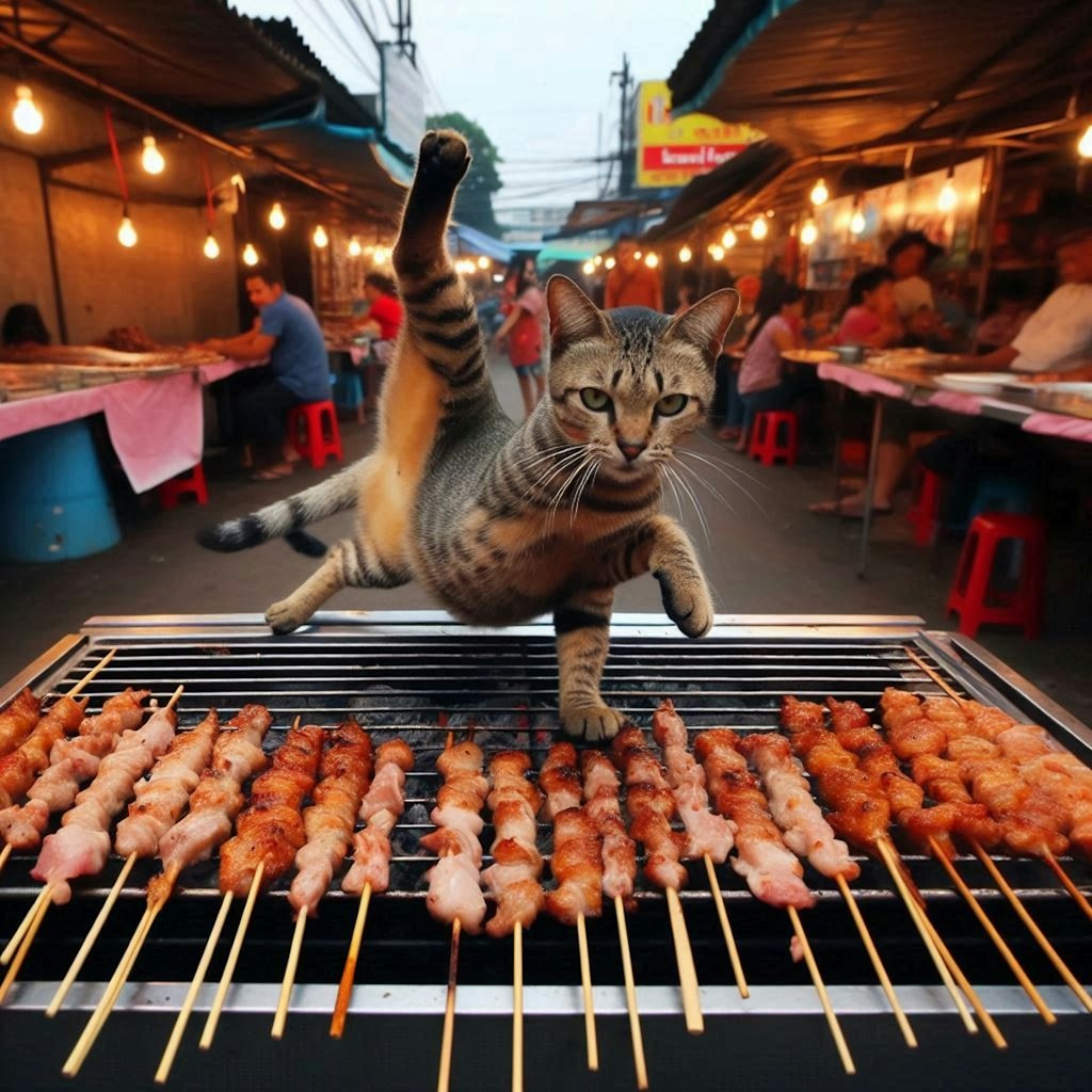 串焼き屋台で働く猫