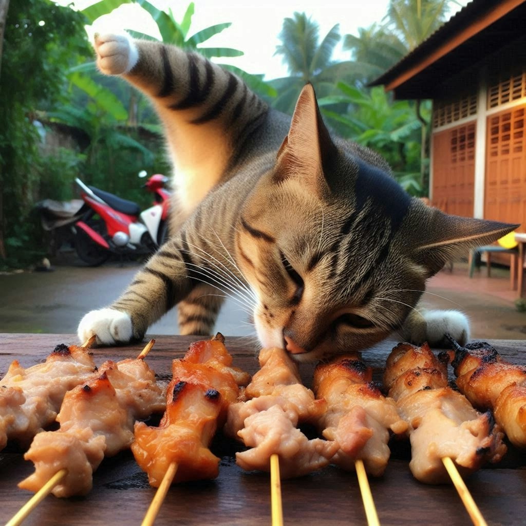 串焼き屋台で働く猫