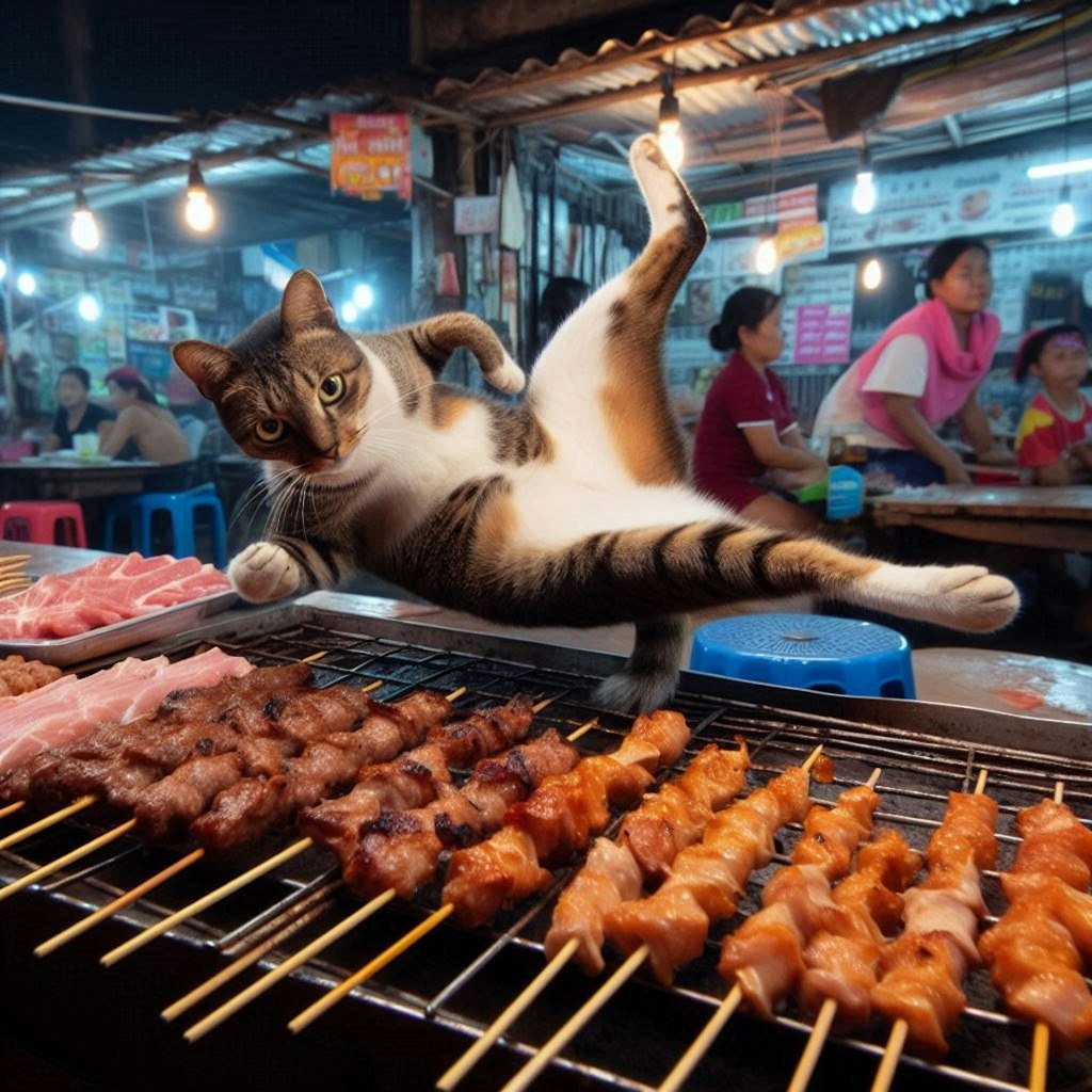 串焼き屋台で働く猫