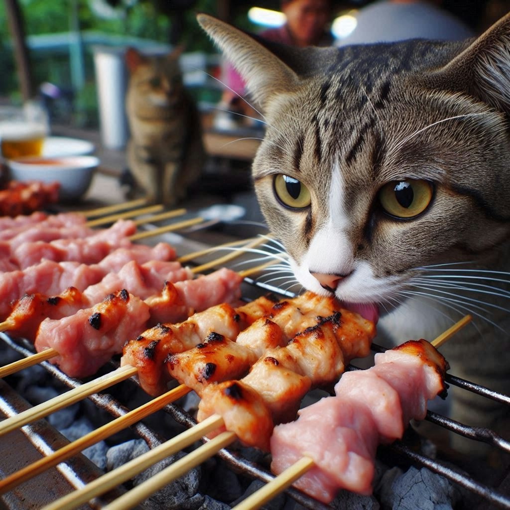 串焼き屋台で働く猫