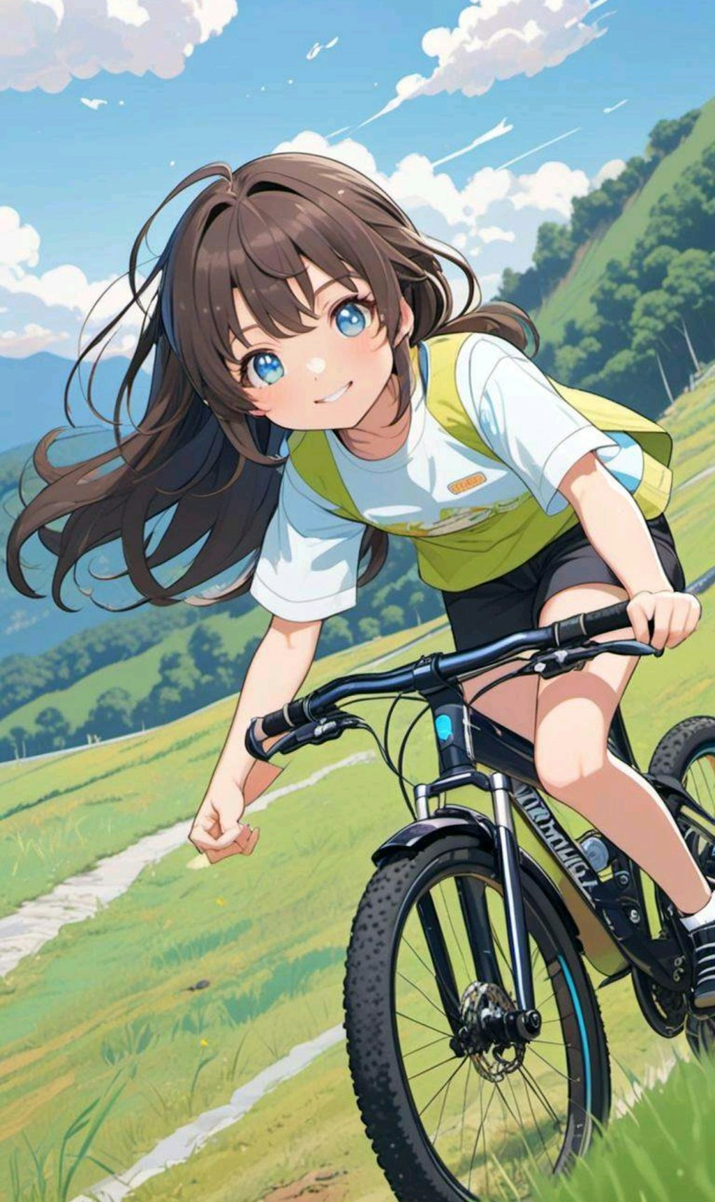 自転車で山道のサイクリングを楽しむ小さな女の子