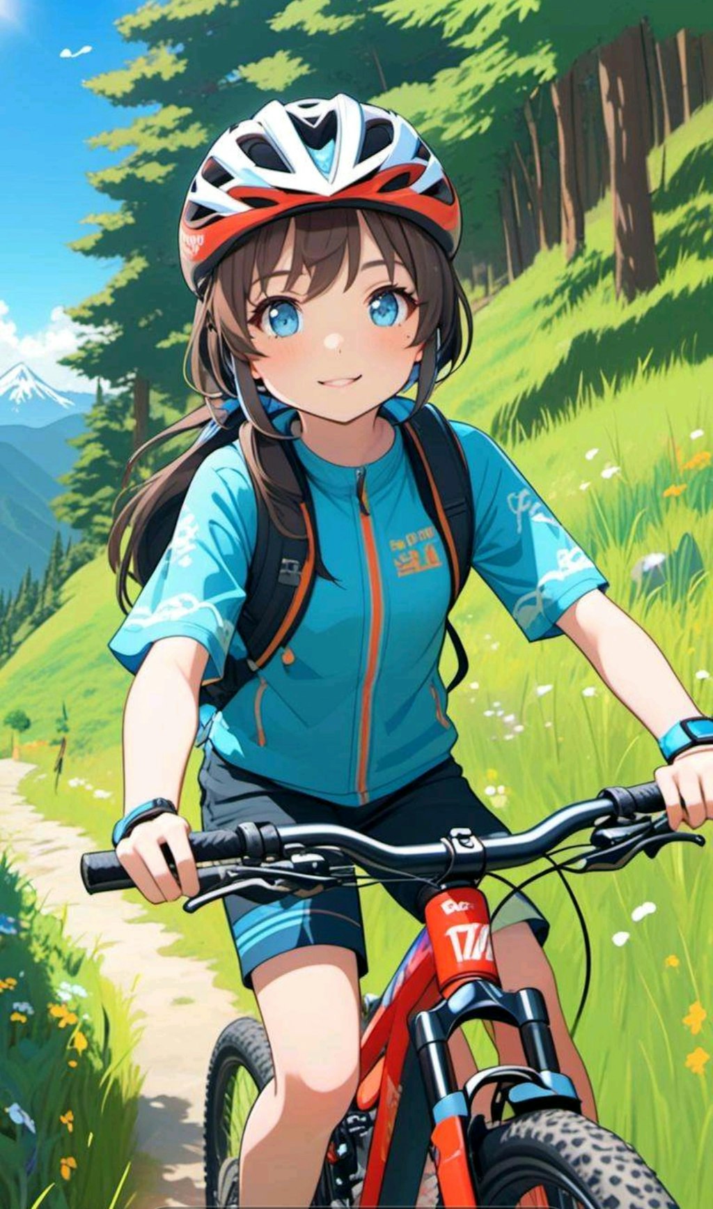 自転車で山道のサイクリングを楽しむ小さな女の子