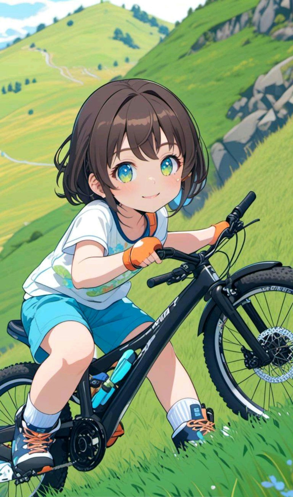 自転車で山道のサイクリングを楽しむ小さな女の子