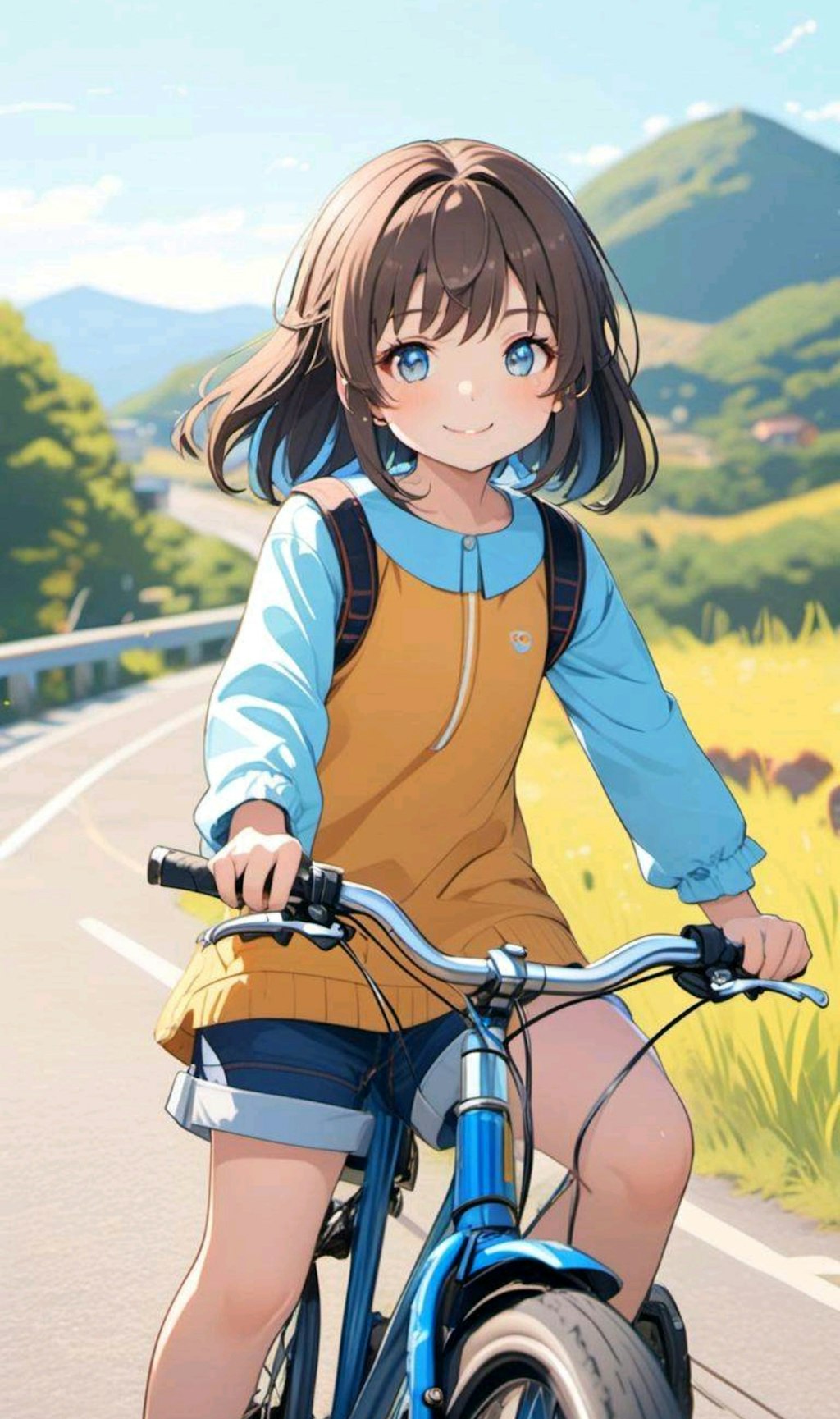 自転車で山道のサイクリングを楽しむ小さな女の子