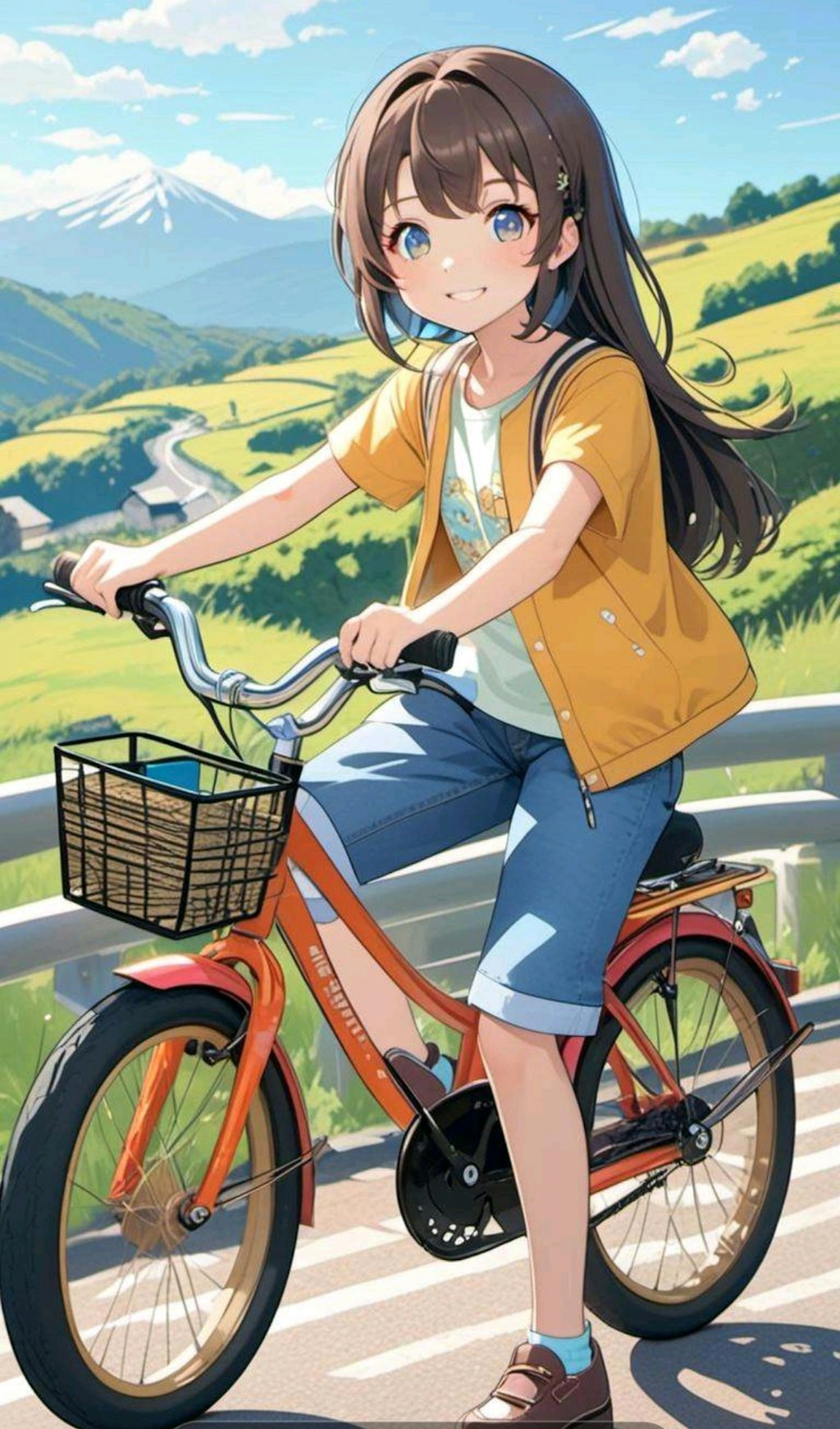 自転車で山道のサイクリングを楽しむ小さな女の子