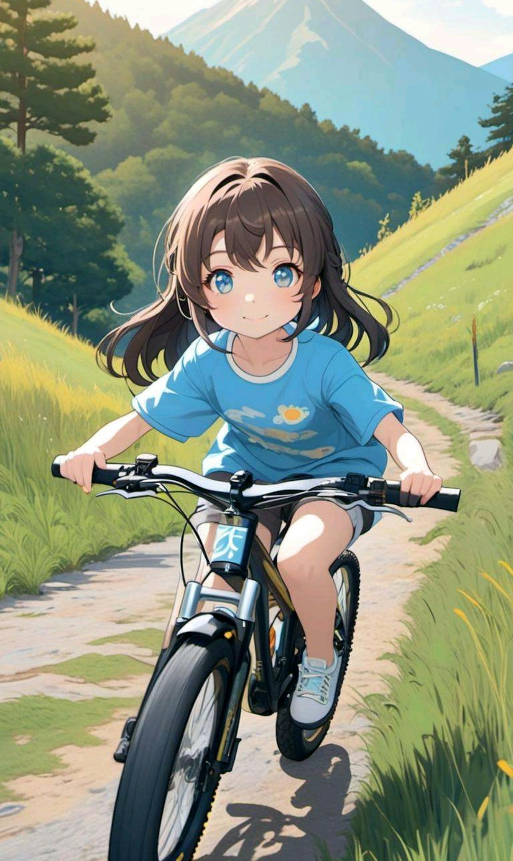 自転車で山道のサイクリングを楽しむ小さな女の子