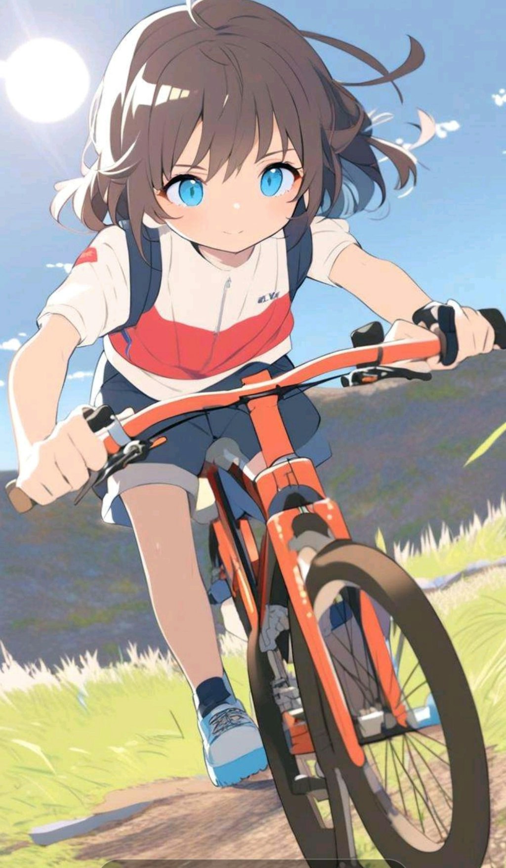 自転車で山道のサイクリングを楽しむ小さな女の子